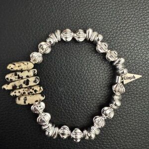 Erimish Silver Beaded Stretch Bracelet with Dalmatian Stone Accents